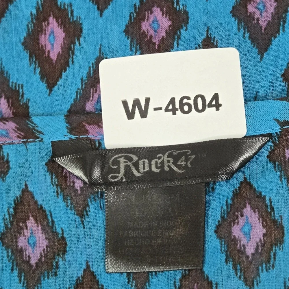 Rock 47 Women Blouse L Blue Geometric Chiffon Bell Sleeve‎ Pullover